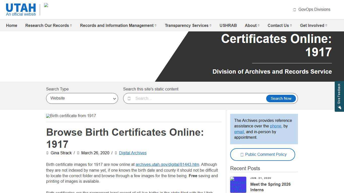Browse Birth Certificates Online: 1917 Utah Division of Archives and Records Service
